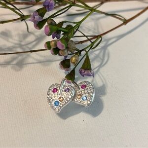 Silver Heart Earrings with Multicolor Gems